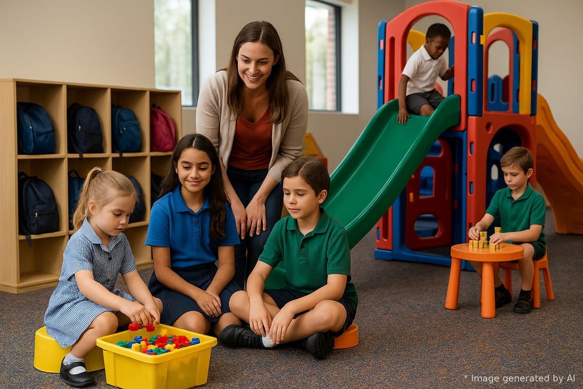An adult woman smiles as she watches children playing in a colourful classroom