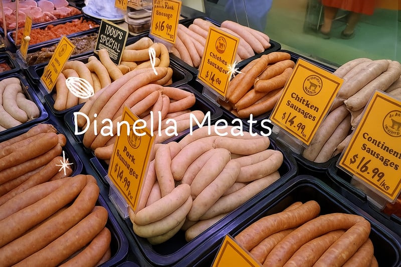 A display case at Dianella Meats filled with various sausages in black trays, including Pork, Chicken, and Continental varieties, with yellow price tags.