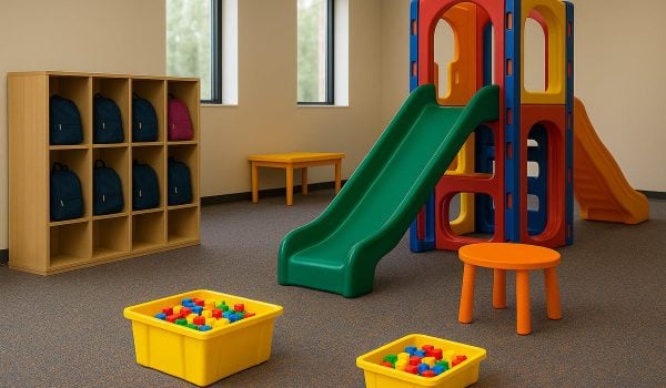 An empty, brightly coloured indoor playroom featuring a plastic climbing structure with a green slide